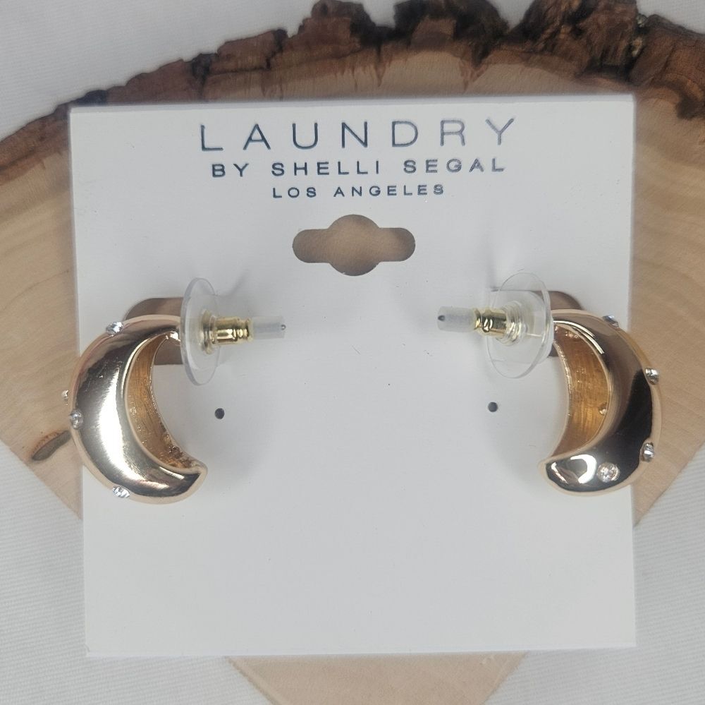 Laundry By Shelli Segal Gold Tone And Rhinestone Huggie Earrings NWT Classic